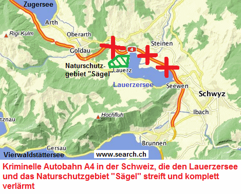 Abwässer, Unfälle und Abgase der
                              Autobahn A4 gefährden den Lauerzersee und
                              das Naturschutzgebiet "Sägel" in
                              der Schweiz, Karte