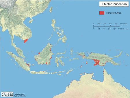 越南，马来西亚，印度尼西亚和巴布亚新几内亚，海平面上升1米，地图领土的丧
                              失