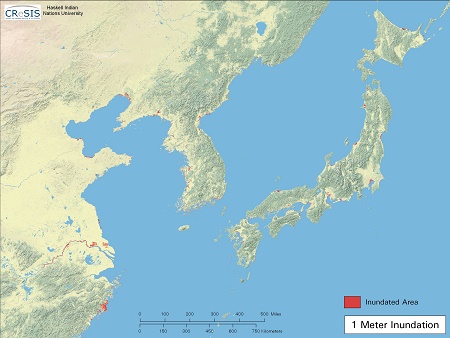 China und Japan, Gebietsverluste nach
                              einem Anstieg des Meeresspiegels um 1 m,
                              Karte