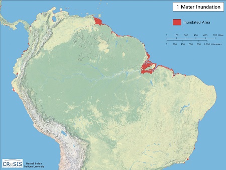 秘鲁，厄瓜多尔，哥伦比亚和巴西领土的丧失，海平面上升1米，地图