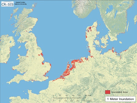 德国，荷兰，英国，丹麦，挪威和瑞典，领土的丧失，海平面上升1米，地图