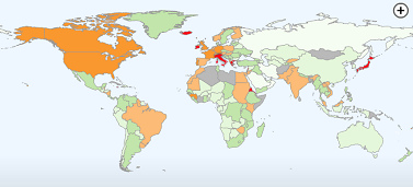 Weltkarte der weltweiten
                                Verschuldung im Zuge der Globalisierung
                                (April 2010)