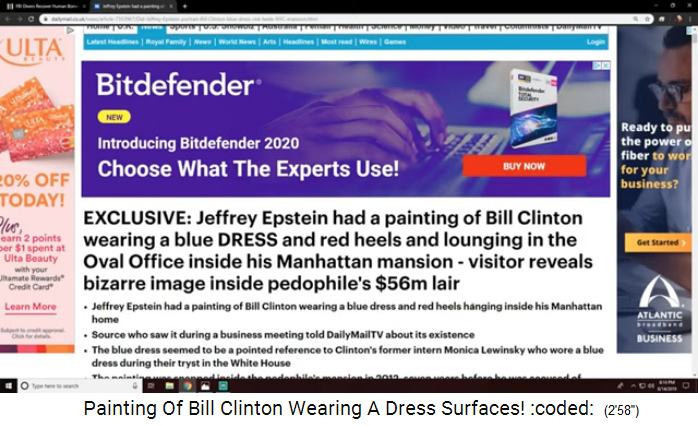 Artikel über Bill Clinton auf
                  einem Bild mit blauem Kleid und roten High Heels im
                  Oval Office (Regierungssitz)