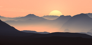 Sonne mit
                  Sonnenuntergang, Berge und Nebelmeer [1]: Die Sonne
                  bestimmt die kleineren Klimaschwankungen auf der Erde