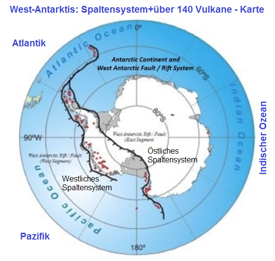 Die Vulkanzone in der West-Antarktis: Da
                  sind zwei Bruchzonen mit über 140 schlummernden
                  Vulkanen - Karte