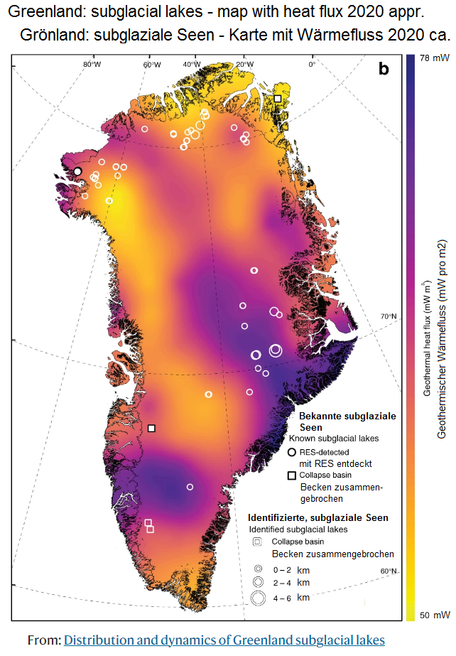 Grönland: Subglaziale Seen, Karte mit Angabe des
                  Wärmestroms in Milliwatt mW 2020ca.