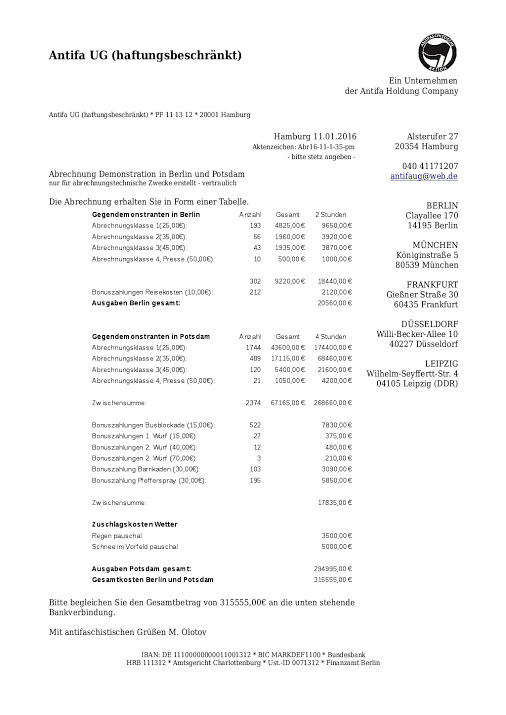 Die Abrechnung
                              der kriminellen Antifa, 315.555 Euro f�r
                              zwei Gegendemonstrationen