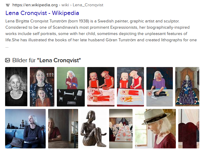 Der Eintrag über die
                      offensichtlich satanistische Malerin und
                      Bildhauerin Lena Cronqvist auf der Suchmaschine
                      DuckDuckGo am 8. März 2023