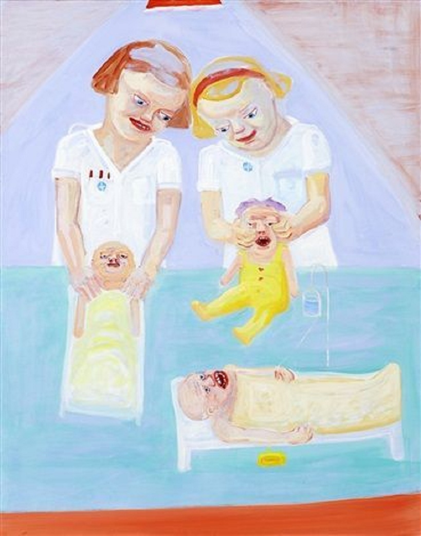 2 Krankenschwestern mit 2 Babys ohne Hände