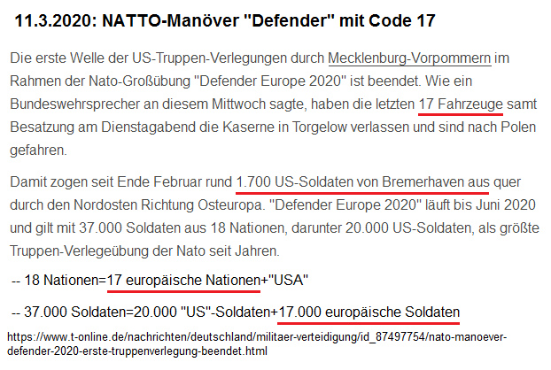 Text von t-online vom
                            11.3.2020: Das NATTO-Manöver
                            "Defender" mit dem Code 17