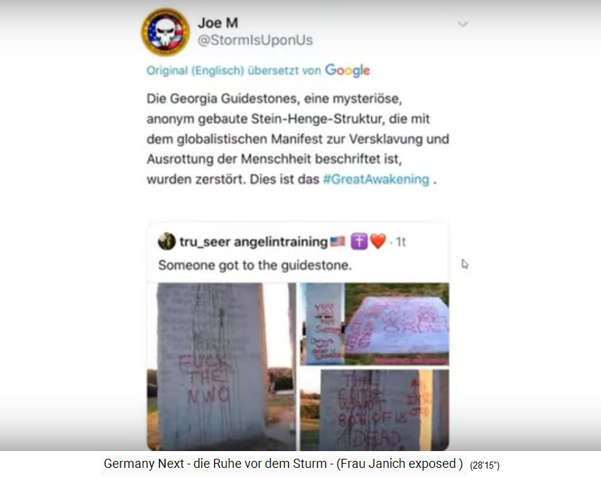 Tweet von Joe M vom 20.3.2020:
                          Graffitti gegen die zionistisch-satanistische
                          Rothschild-NWO am Denkmal der Guidestones in
                          Georgia