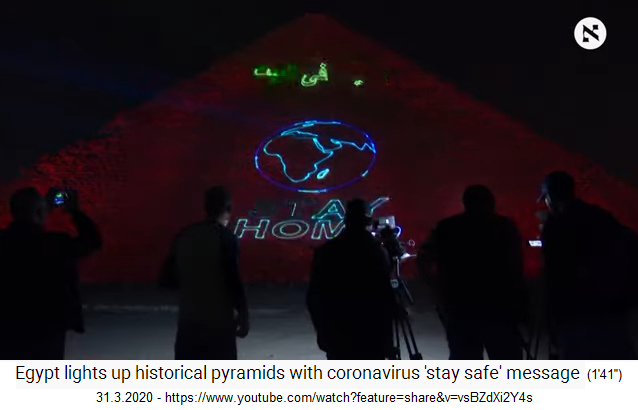 31.3.2020: Ägypten
                            Pyramide von Gize in Rot mit dem Schriftzug
                            "Stay Home" ("bleib
                            zuhause") und der Weltkugel 02