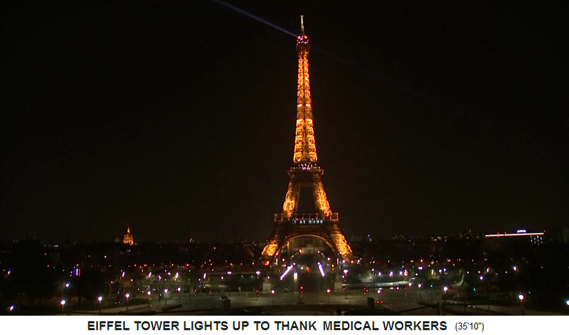 Paris Eiffelturm mit
                            Beleuchtung in Gelb (Farbe von Q), 27.3.2020
                            mit der Anweisung des Trump-Teams (WDS), zu
                            Hause zu bleiben