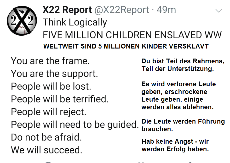 Angabe von X22 Report: Da sind 5
                                Millionen Bunkerkinder weltweit (WW):
                                "FIVE MILLION CHILDREN ENSLAVED
                                WW", aber wir werden vorankommen
                                ("We will succeed")